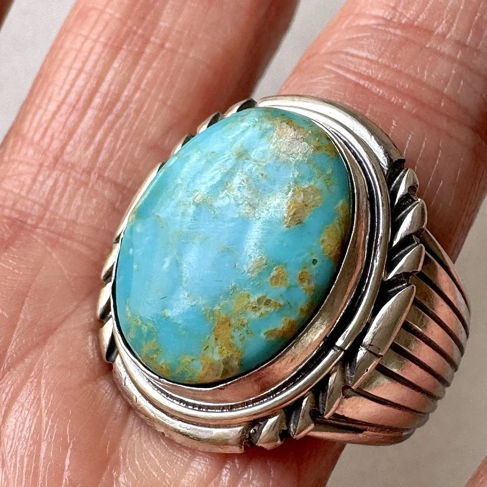 Navajo Mens Turquoise Ring Sz 12 Stamped Signed Denetdale Fans‎ Sterling Native